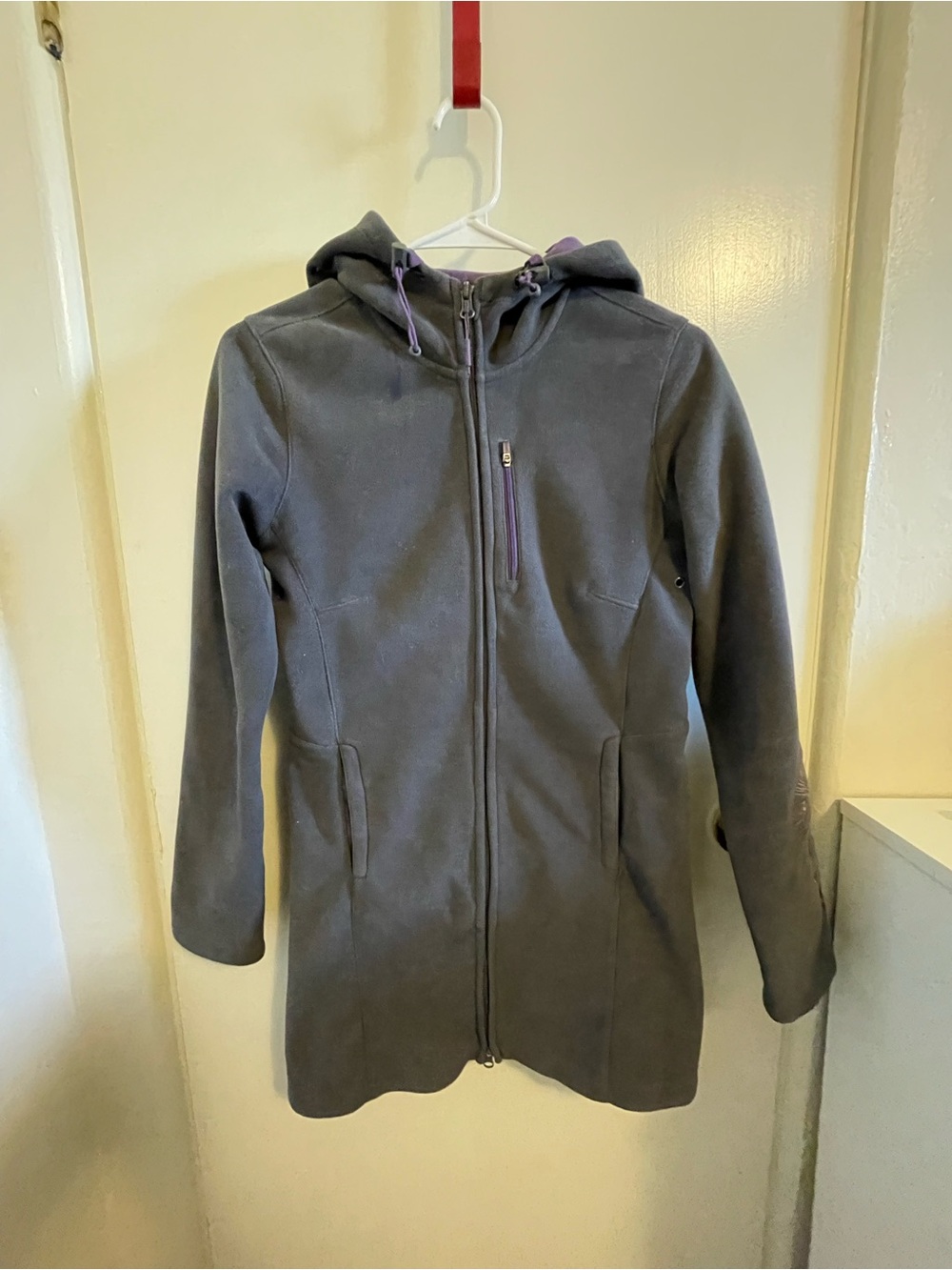 Athleta Gray Hooded Zip-Front Fleece Coat with Purple Accents